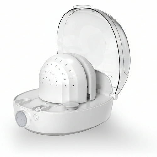 White hat cleaning machine with a bottle of hat cleaner on a white background