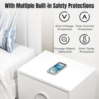 White nightstand with multiple built-in safety protections and a smartphone on top.