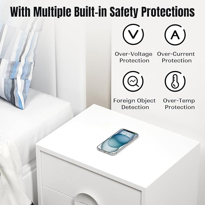 White nightstand with multiple built-in safety protections and a smartphone on top.