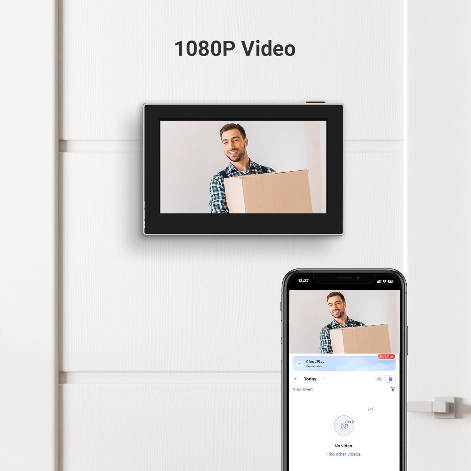 Smart doorbell displaying a video feed of a man with a package, connected to a smartphone app.