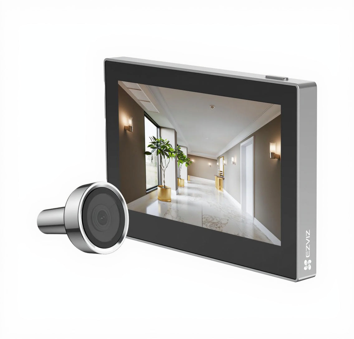 Digital doorbell with a screen displaying a hallway and a camera on a white background
