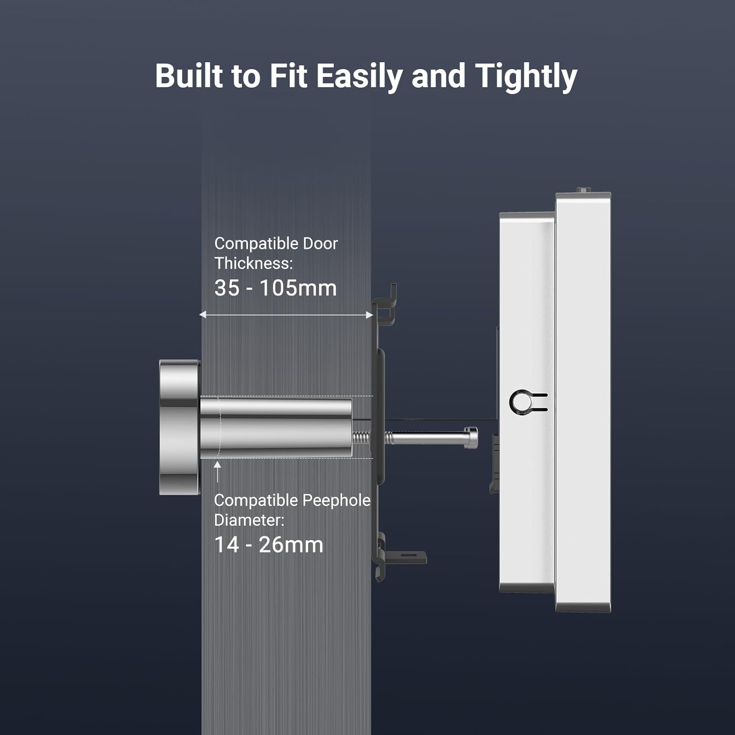 Door handle with peephole on a dark background, showing compatibility details.