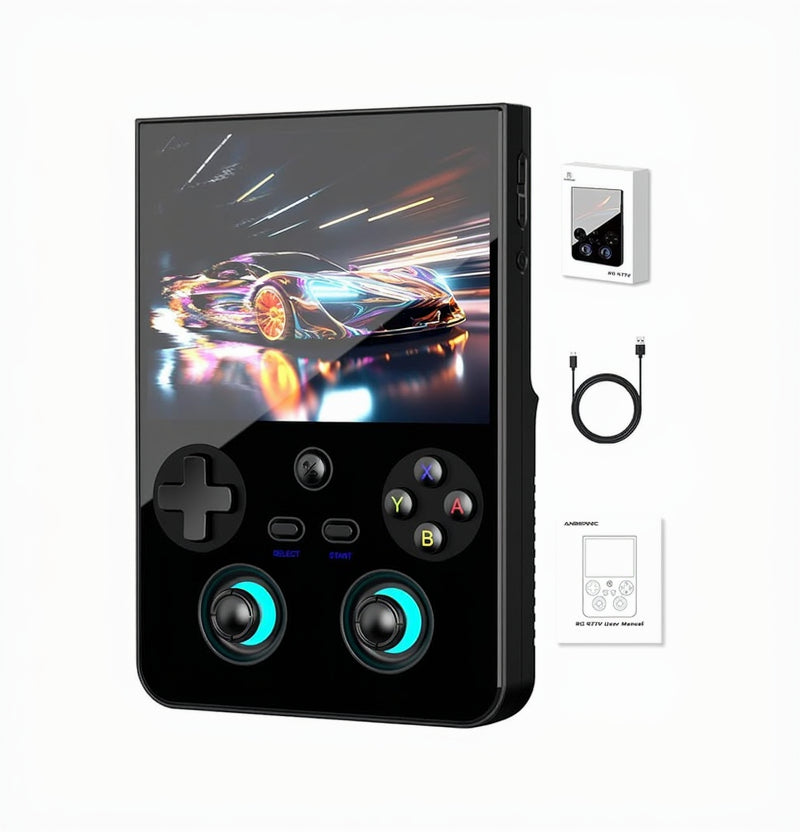 Black handheld gaming console with gamepad, power adapter, and user manual on a reflective surface.