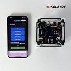 Smartphone displaying a control app next to a CubliMini robot on a white background with Nikolatoy branding.