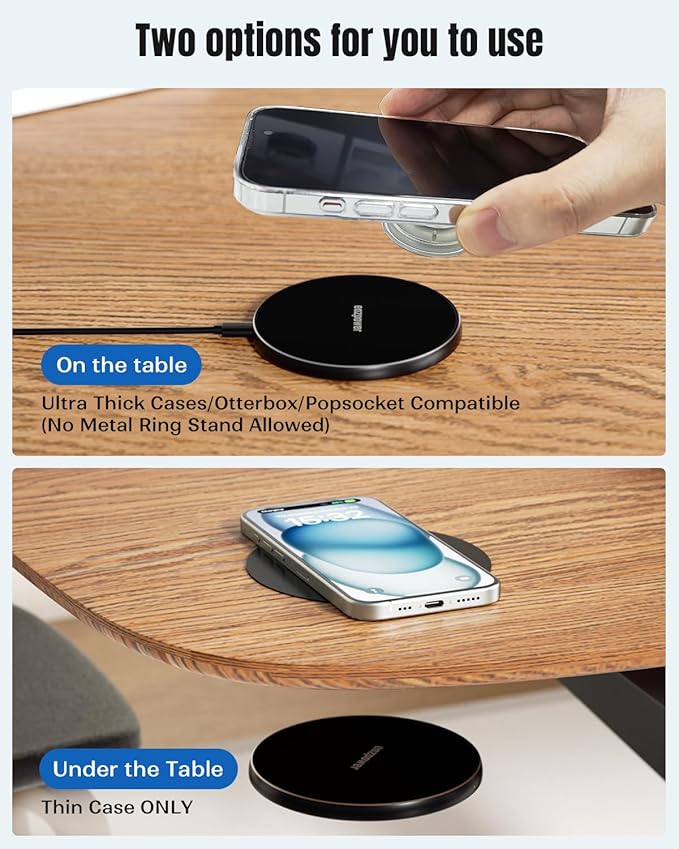 Invisible Wireless Charger - 15W Under Desk & On-Table Charging Pad for iPhone and Android