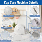 Cap care machine with labeled features on a blurred background