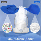 Before and after cleaning comparison of a blue cap with a steam cleaner, showing dirt removal and cleanliness.