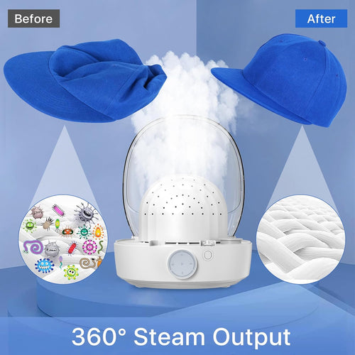 Before and after cleaning comparison of a blue cap with a steam cleaner, showing dirt removal and cleanliness.