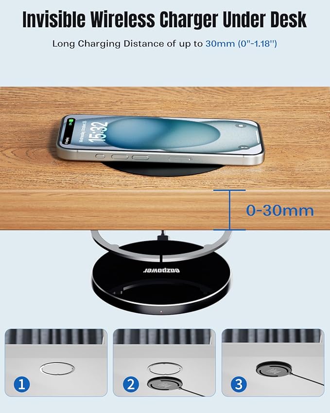 Invisible Wireless Charger - 15W Under Desk & On-Table Charging Pad for iPhone and Android