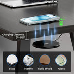 Wireless charging pad on a desk with a laptop in the background