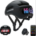 Black LED helmet with display features and control device on a white background
