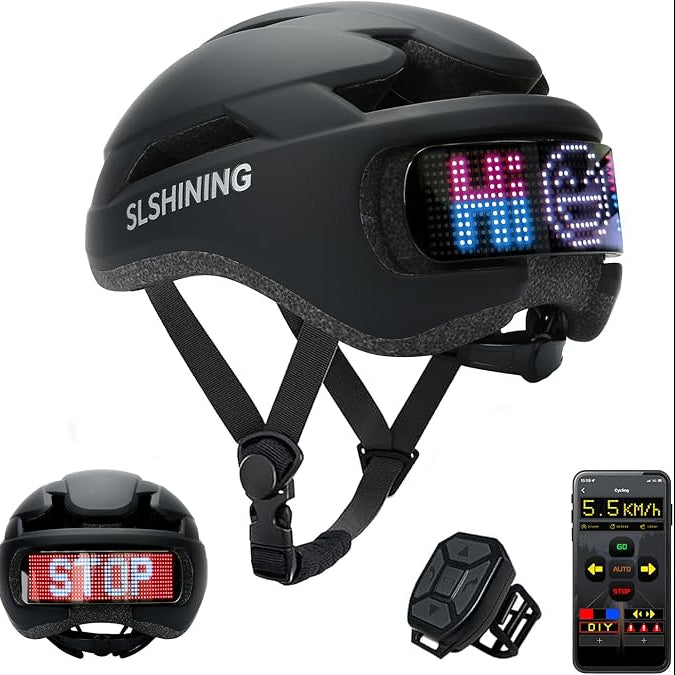 Black LED helmet with display features and control device on a white background