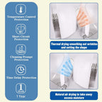 Product features with icons and text on a blue and beige background