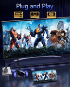 Monitor displaying robot graphics with 'Plug and Play' text and connectivity icons.