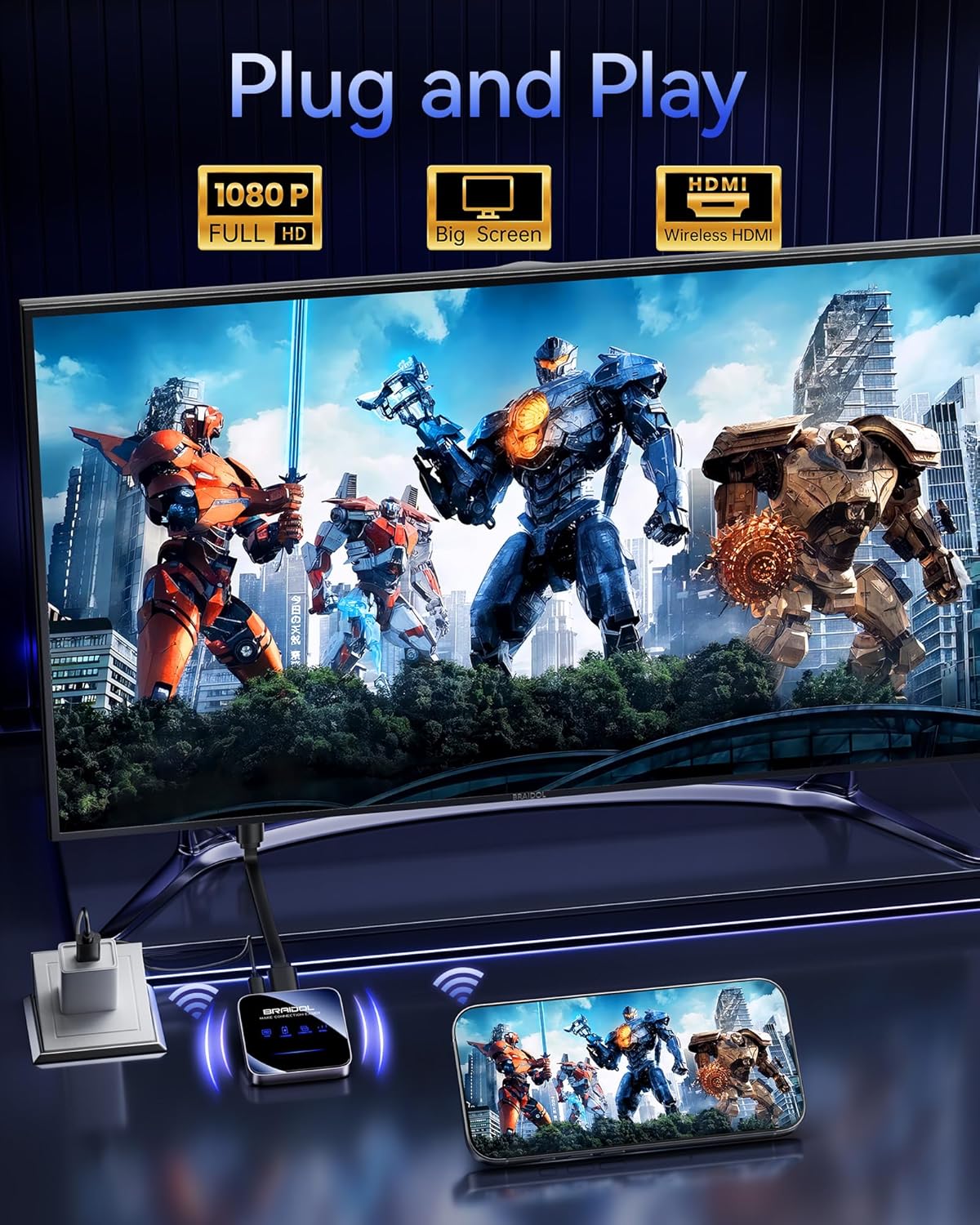 Monitor displaying robot graphics with 'Plug and Play' text and connectivity icons.