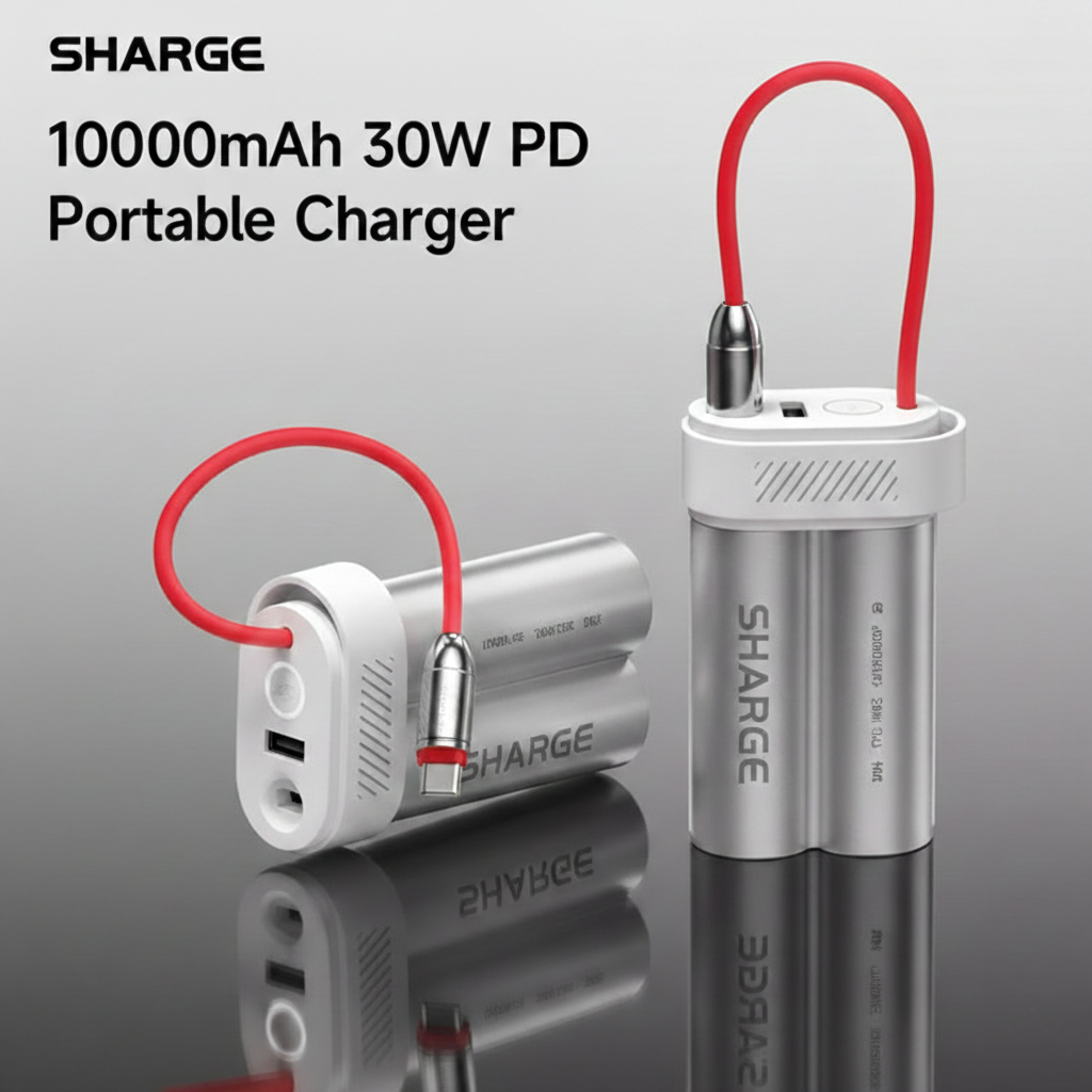 SHARGE Mini Power Bank 10,000mAh - 30W Portable Charger with Built-in Cable