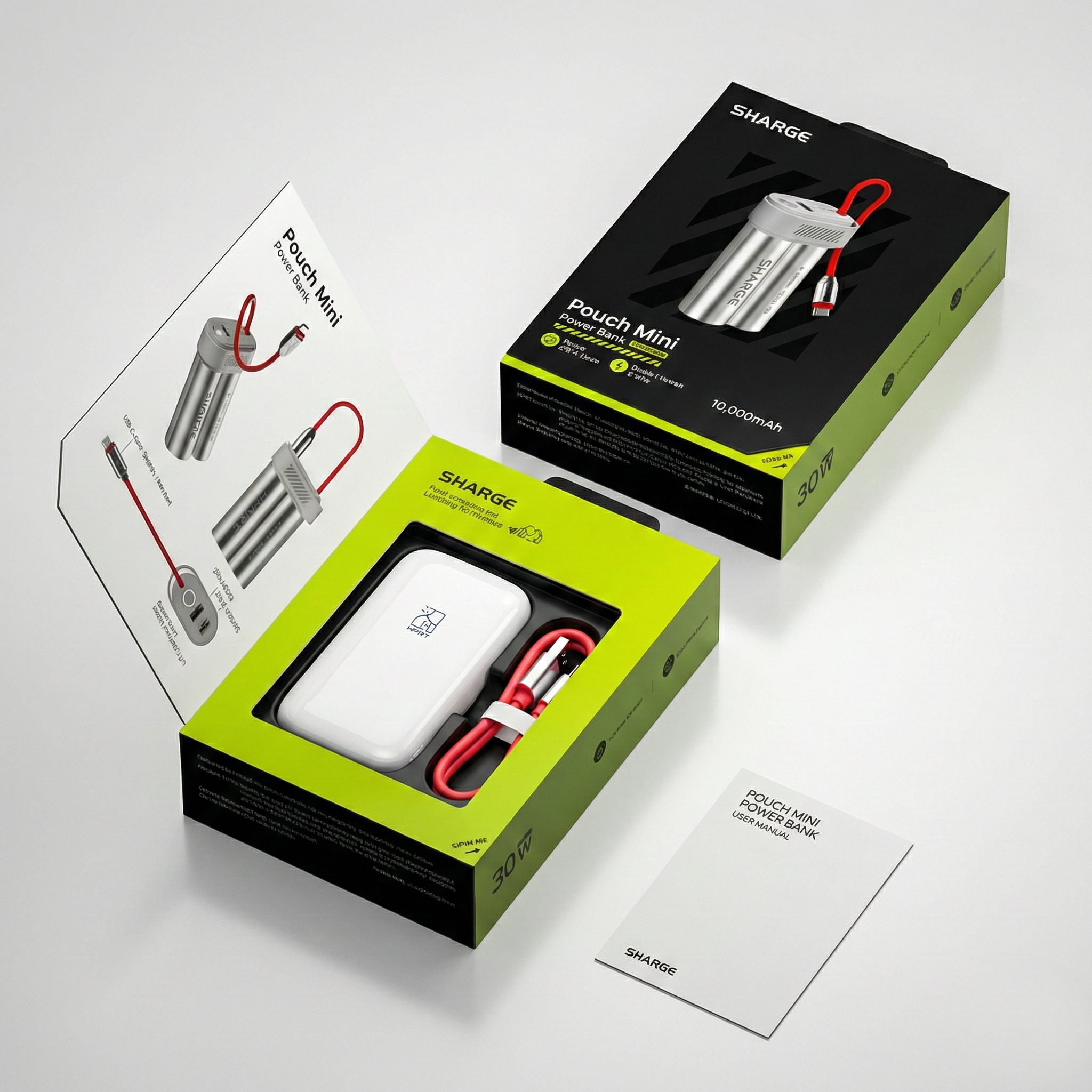 SHARGE Mini Power Bank 10,000mAh - 30W Portable Charger with Built-in Cable