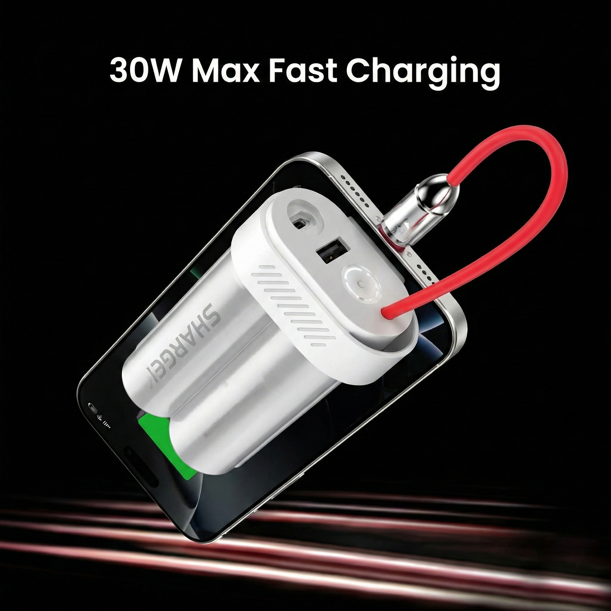 SHARGE Mini Power Bank 10,000mAh - 30W Portable Charger with Built-in Cable