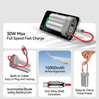 SHARGE Mini Power Bank 10,000mAh - 30W Portable Charger with Built-in Cable