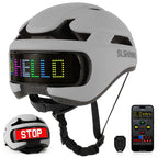 Gray helmet with LED display and remote control on a white background