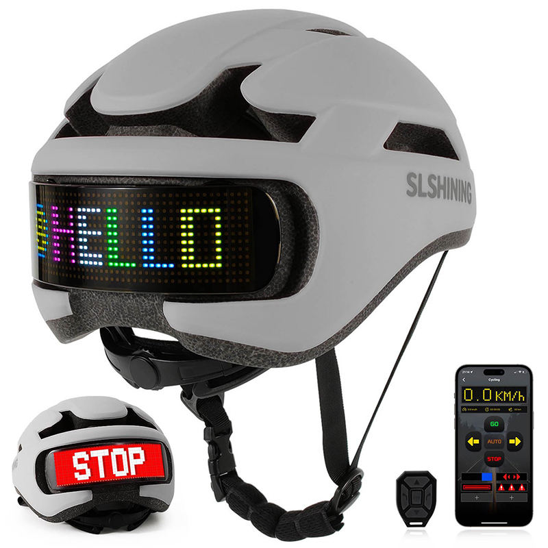 Gray helmet with LED display and remote control on a white background
